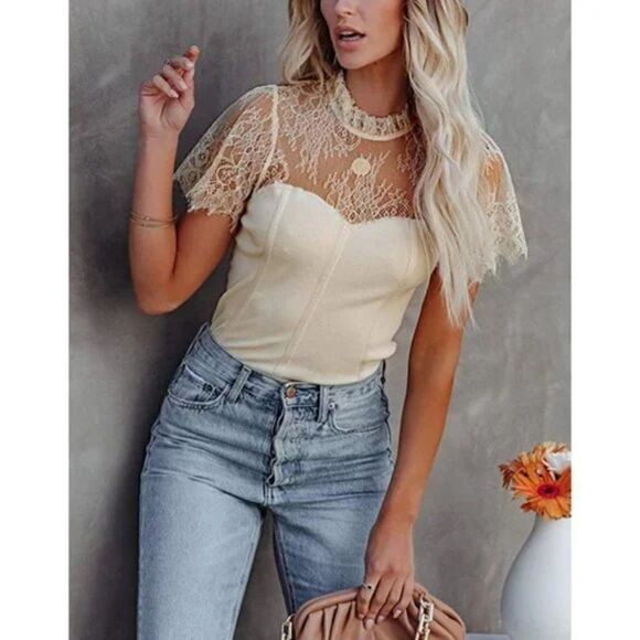 Beige Embroidered Crochet Lace Sheer Short Sleeve High Neck Top Blouse - Picture 7 of 8